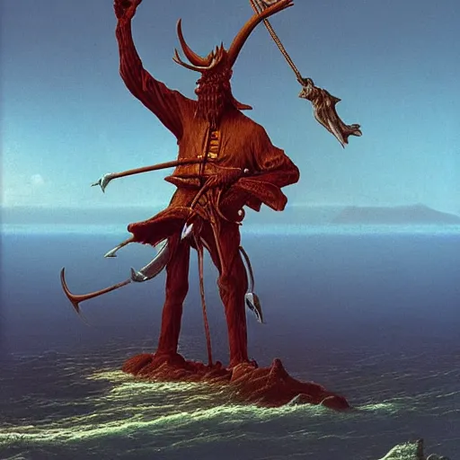 Image similar to anthropomorphic moose pirate humanoid by zdzisław beksinski, pirate ship, sea, fantasy