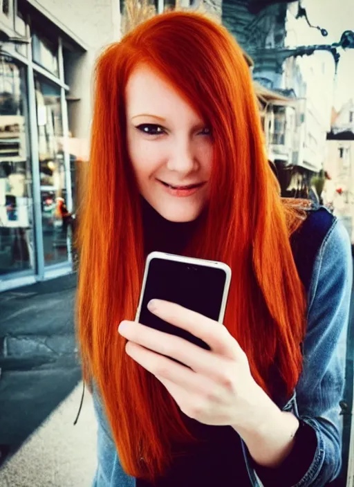 Prompt: cute redhead woman selfie, iPhone photography