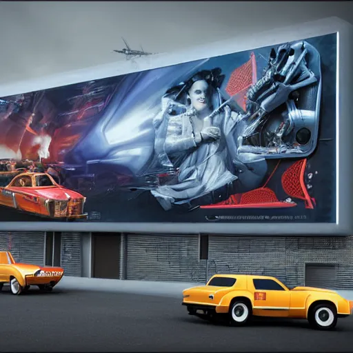 Image similar to sci-fi cars trucks motorcycles 50% of canvas in center and wall near structure on the coronation of napoleon painting and digital billboard in the middle and everything in style of zaha hadid and suprematism forms unreal engine 5 keyshot octane artstation trending bladerunner 2049 colors lighting ultra high detail ultra photo realistic 8k 16k in plastic dark tilt shift