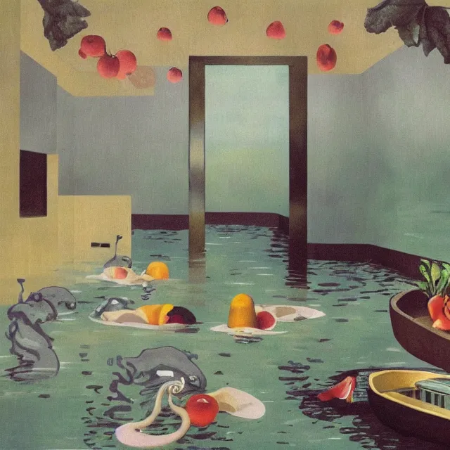 Prompt: painting of flood waters inside an apartment, sensual female emo art student, a river flooding indoors, pomegranates, pigs, ikebana, water, octopus, river, rapids, waterfall, black swans, canoe, berries, acrylic on canvas, surrealist, by magritte and monet