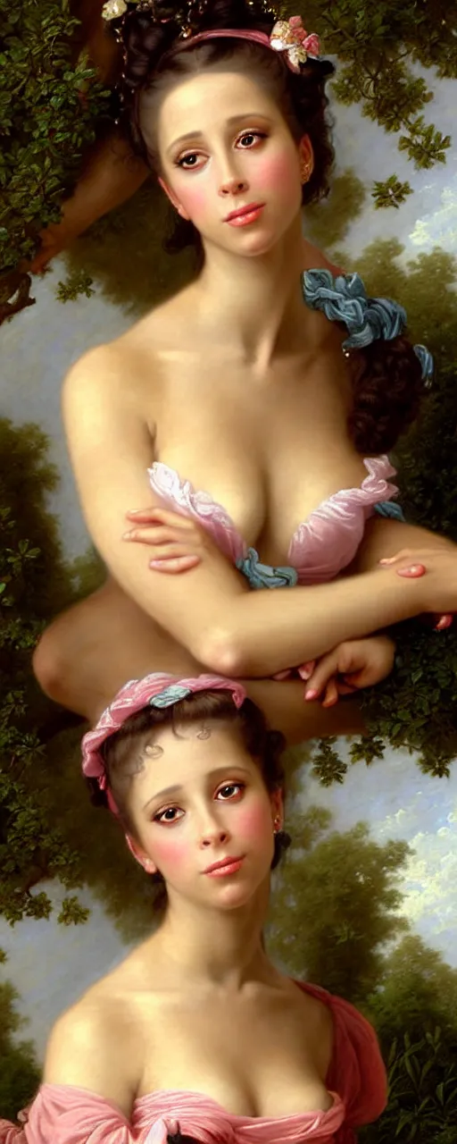 Image similar to A fantasy style portrait painting of Jennifer Love Hewitt/Naomi Scott hybrid, in the style of François Boucher, Oil Painting, hyperrealistic, render, Regal, Refined, Detailed Digital Art, RPG portrait, Michael Cheval, William-Adolphe Bouguereau, Walt Disney (1937), dynamic lighting, Highly Detailed, Cinematic Lighting, Unreal Engine, 8k, HD