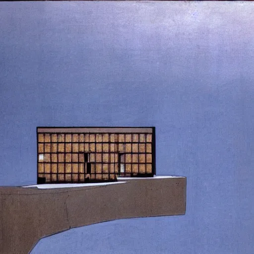 Prompt: a house at the edge of a cliff, the house is blue, the weather is stormy, atmospheric, in de chirico's style