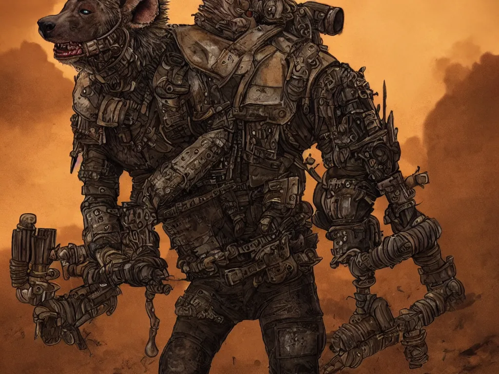 Image similar to a good ol'hyena fursona ( from the furry fandom ), heavily armed and armored facing down armageddon in a dark and gritty version from the makers of mad max : fury road. witness me.