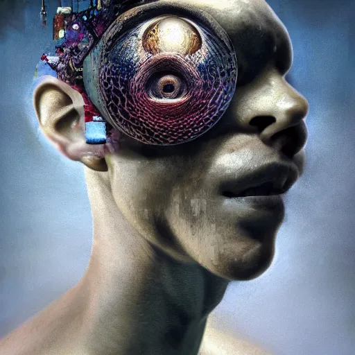 Image similar to full face close up portrait, sandman's visions of chaos in a thriving dystopia, by peter woodroffe, by igor morski, by laurie lipton, in a cyber - punk ally, cinematic lighting, volumetric lighting, neosurrealism, realistic shadows, particle effects, rendered in octane, noir, electric, cosmic, cybernetics