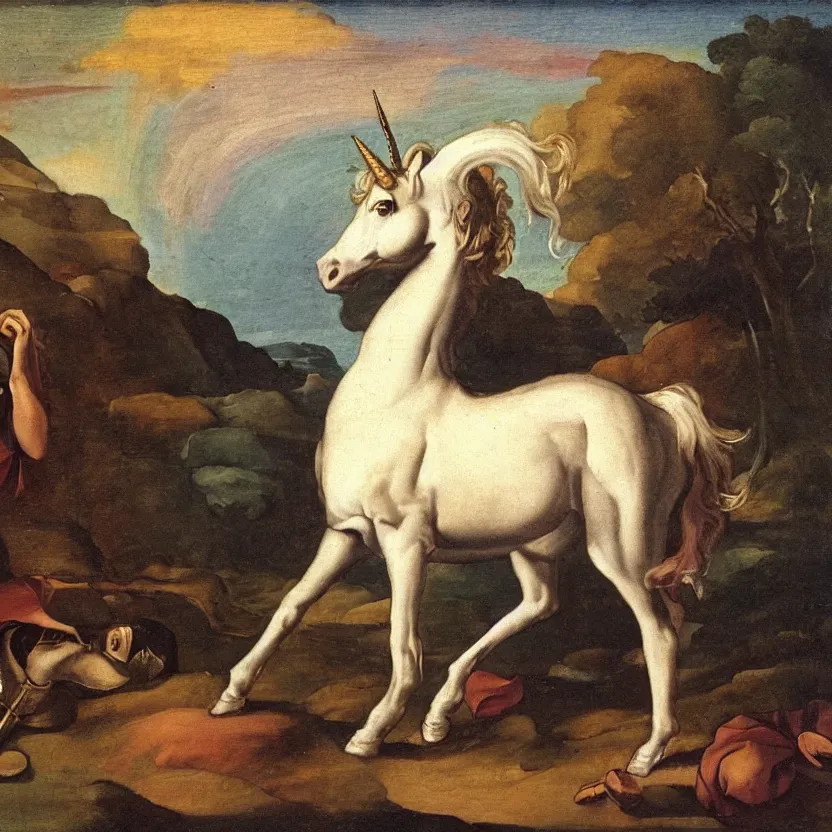 Prompt: A unicorn walking on a rainbow, in the style of Caravaggia