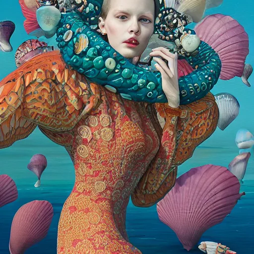 Image similar to pretty model with ocean and shell : : by martine johanna and simon stalenhag and chie yoshii and casey weldon and wlop : : ornate, dynamic, particulate, rich colors, intricate, elegant, highly detailed, vogue, harper's bazaar art, fashion magazine, smooth, sharp focus, 8 k, octane render