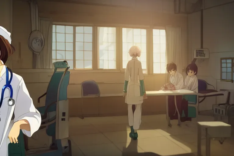 Image similar to a cute young female doctor wearing white coat are doing an operation in a hospital, slice of life anime, cinematic, lighting, 8kHDR, anime scenery by Makoto shinkai