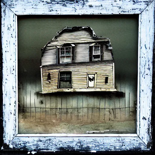 Image similar to a scary painting of a house in an moldy dusty frame