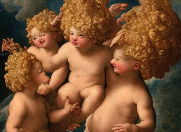 Image similar to cherubs with cheetos for hair, extremely detailed, a baroque painting, rococo style