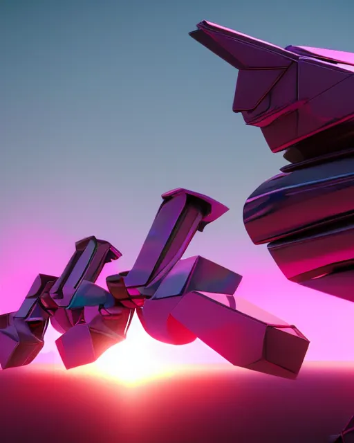 Image similar to hyperrealistic 3d render full mecha iridescent pink peace sign dramatic landscape concept art vray ute osterwald de chirico sharp cinematic very moody light 8k low angle shallow depth of field