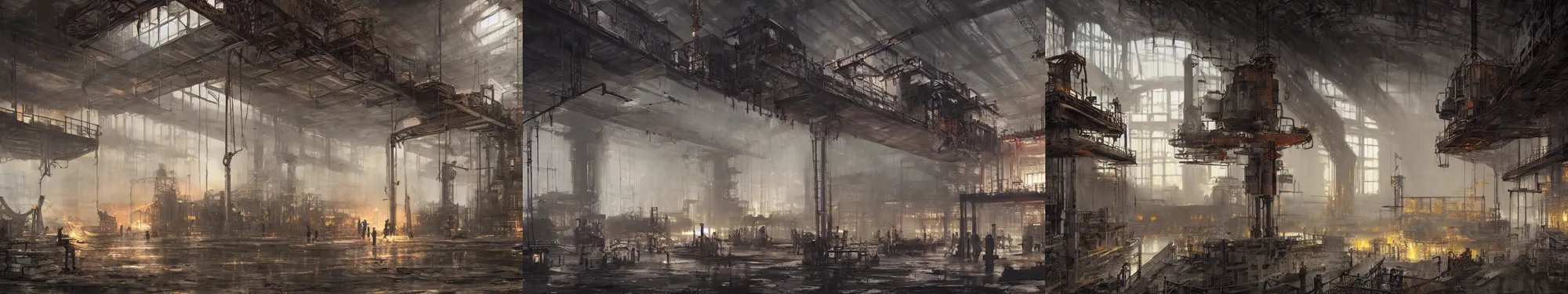 Prompt: interior of industrial steel foundry with cranes and engineers, papyrus, watercolored, jakub rozalski, dark colours, dieselpunk, concept art, trending on artstation