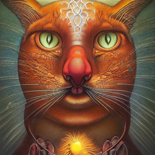 Image similar to a cat having an ego trip, by alex grey, by Esao Andrews and Karol Bak and Zdzislaw Beksinski and Zdzisław Beksiński, trending on ArtStation