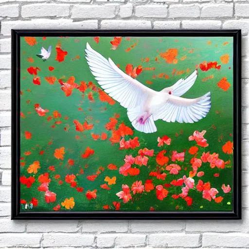 Prompt: a dove flying and leaving a trail of flowers, oil painting, hyper realistic, highly detailed, coherent, vibrant colors, smooth,