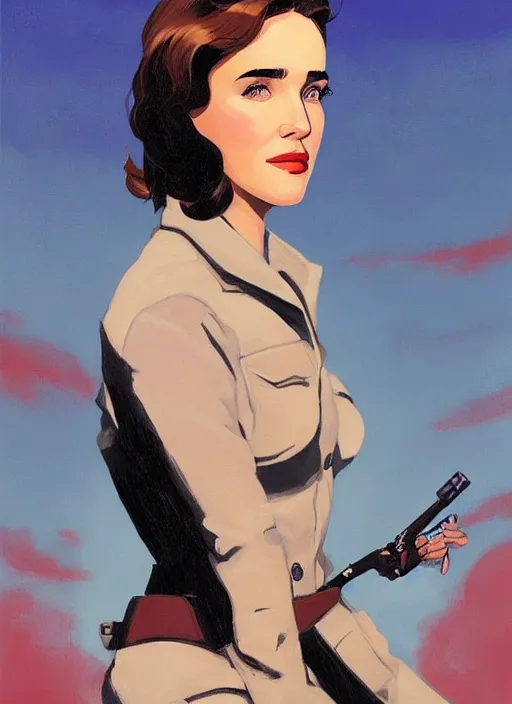 Image similar to young jennifer connelly as jenny blake from the movie the rocketeer ; detailed artwork by phil noto ; brush texture ; asymmetric composition ; paint texture ; trending on artstation ; gallery painting by phil noto in the comic book style of phil noto
