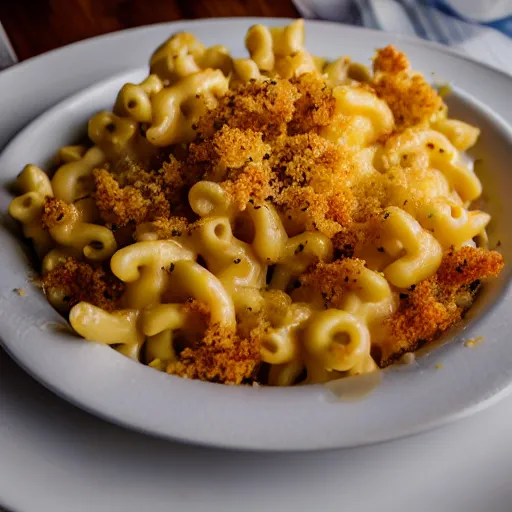 Image similar to A delicious bowl of mac and cheese on a plate, garnish, bread crumbs, food photography, michelin star