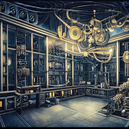 Prompt: detailed painting of a japanese repair shop interior room with celestial ephemeral ornaments and hr giger architecture, artstation, h. r giger, cinematic