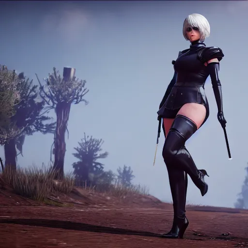 Prompt: Film still of a woman cosplaying as 2B nier automata wearing skintight clothes riding a horse, from Red Dead Redemption 2 (2018 video game), trending on artstation, artstationHD, artstationHQ