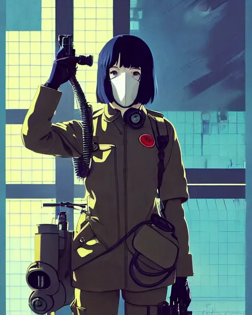 Image similar to girl wearing gas mask and uniform | | audrey plaza, fine detail!! anime!! realistic shaded lighting!! poster by ilya kuvshinov katsuhiro otomo ghost - in - the - shell, magali villeneuve, artgerm, jeremy lipkin and michael garmash and rob rey