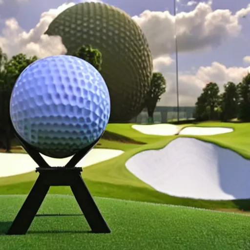 Prompt: a giant playing teeing up a shot in golf using the epcot ball in real life, highly detailed, extremely high resolution, ultra realistic