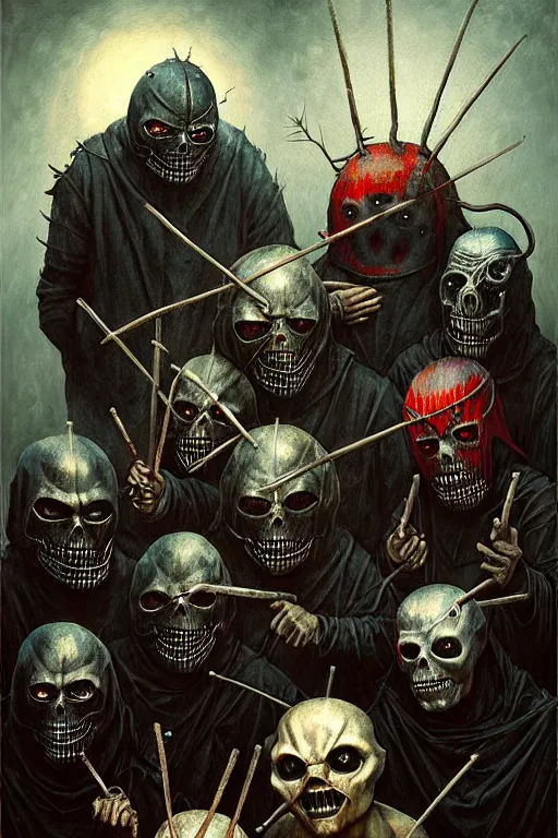 Image similar to hieronymus bosch, greg rutkowski, anna podedworna, painting of slipknot the band