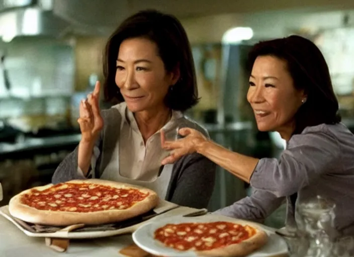 Prompt: a movie still of michelle yeoh's pizza fingers caressing jamie lee curtis's face from the movie everything, everywhere, all at once