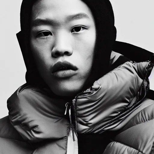 Image similar to realistic photoshooting for a new balenciaga lookbook, color film photography, portrait of a blonde asian woman, model wearing a puffer jacket, photo in style of tyler mitchell, 3 5 mm,