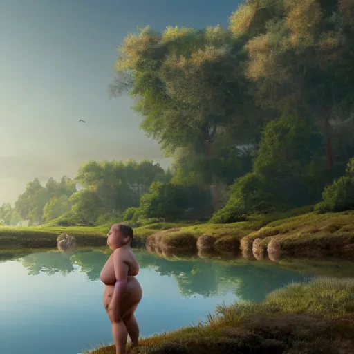 Image similar to spectacular ancient little fat girl with fur cloth, standing on the edge of the beautiful lake. clear beautiful fat face. morning time. an amazingly beautiful scene. beautiful lighting, 4 k post - processing, trending in art station, cg society, highly detailed, 5 k extremely detailed, 3 d. cinematic scene.