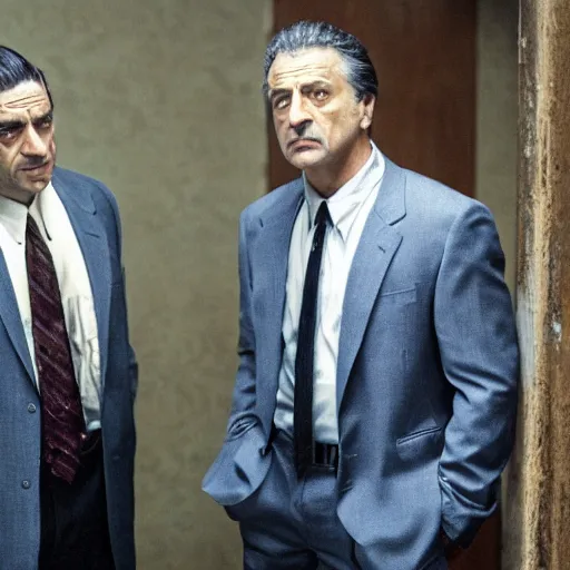 Image similar to in this scene from david chase's hbo miniseries / the outfit /, a supernatural mafia crime thriller about magical monster - hunting mafiosi in 9 0 s philadelphia the main character ( played by joe manganiello ) is being interrogated by his boss ( played by robert de niro ). realistic hd 8 k film photography. composition inspired by christopher mckenna.