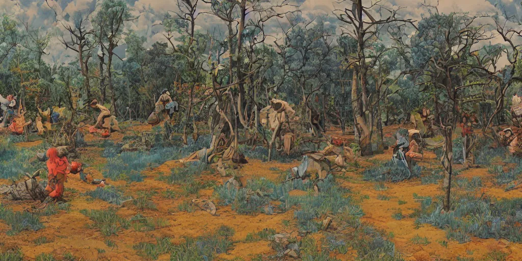 Prompt: landscape painting at noon by james jean and David Schnell painted in no mans land style