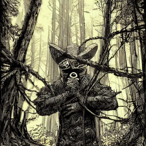 Prompt: hyper-detailed digital painting of a masked man in a dark forest, by kim jung gi