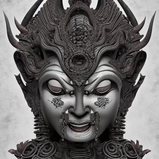 Image similar to naraka buddhist demon korean female, highly detailed, symmetrical long head, smooth marble surfaces, detailed ink illustration, raiden metal gear, cinematic smooth stone, deep aesthetic, concept art, post process, 4 k, carved marble texture and silk cloth, latex skin, highly ornate intricate details, in the style of 8 8 grzes