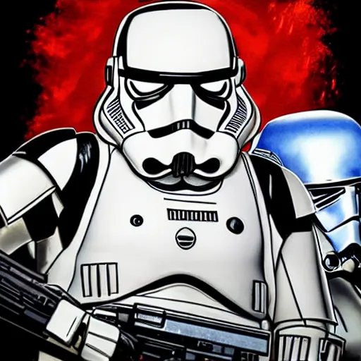 Image similar to comic style portrait female stormtrooper with stormtrooper - helmet in white bikini, bending over, tattoos of star wars symbols, graffiti style