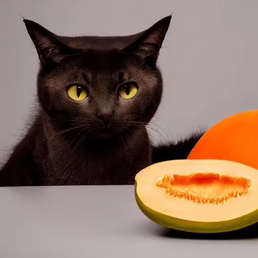 Image similar to cats posing next to cantaloupe by elke vogelsang, artstation, textured, hdr