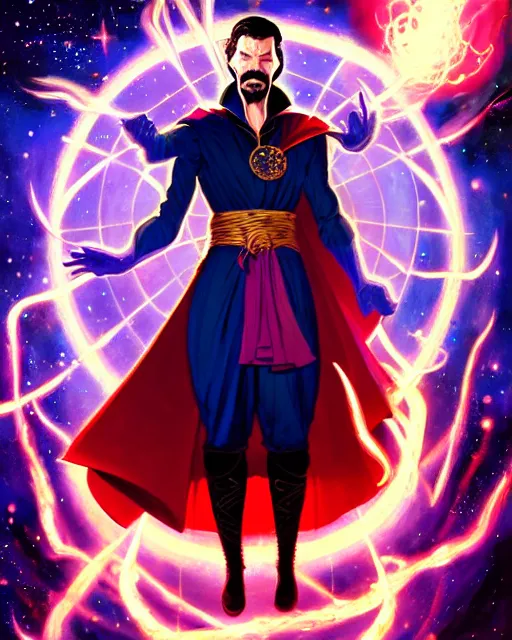 Image similar to a character portrait of dr. strange with glow, surrounded with spiriling sparkling flash crystals and galaxies, by jesper ejsing, aleksi briclot, hyper light drifter, by ilya kuvshinov katsuhiro, jim burns, ed emshwiller, greg rutkowski, trending on artstation