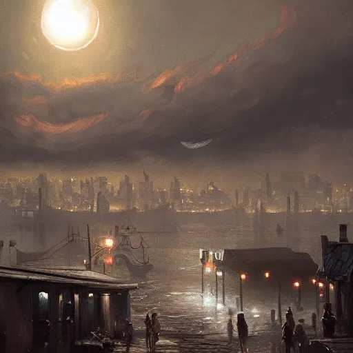 Image similar to innsmouth, dramatic lighting, city background, night, moon, chiaroscuro, high detail, painted by greg rutkowski, painted by igor kieryluk, painted by bobby chiu, trending on artstation