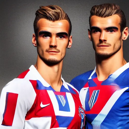 Image similar to a realistic detailed photo of a guy who is an attractive humanoid who is half robot and half humanoid, who is a male android, soccer player antoine griezmann, shiny skin, posing like a statue, blank stare, in a living room, on display, showing off his muscles, with a twin
