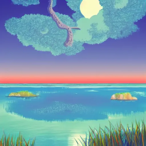 Image similar to a small island in the middle of the ocean, the water is smooth and reflective, there is a cherry tree on the island, pale sunset background, ghibli style