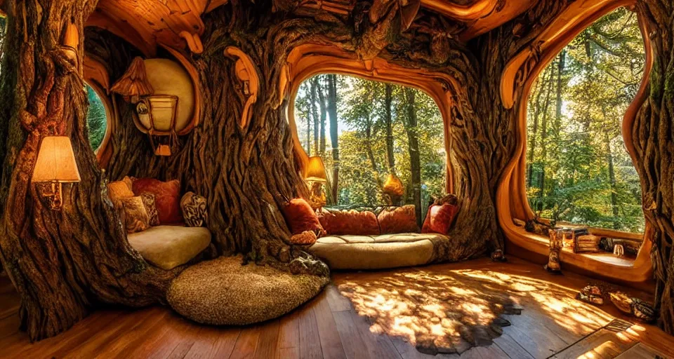Image similar to an incredibly beautiful scene from a 2 0 2 2 fantasy film featuring a cozy art nouveau reading nook in a fantasy treehouse interior. a couch with embroidered pillows. a tree trunk. rustic windows. golden hour. 8 k uhd.