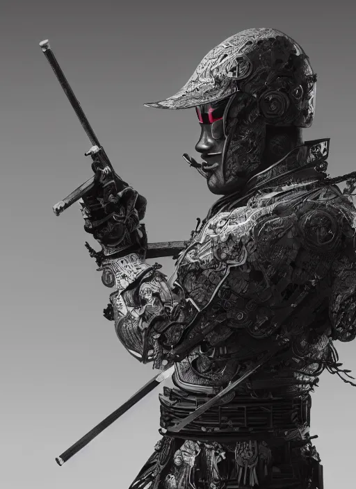 Image similar to ultra realistic and intricate detailed photograph of a cyborg samurai, ninja, katana, war background, neon, cyberpunk, technology, innovation, bright modern style, artstation, unreal render, depth of field, ambient lighting, award winning, stunning