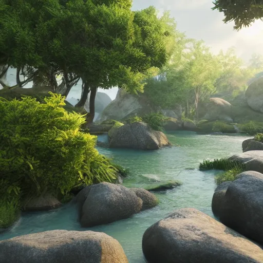 Prompt: a beautiful landscape, river, rocks, trees, volumetric lighting, octane render, nvidia raytracing demo, lush vegetation