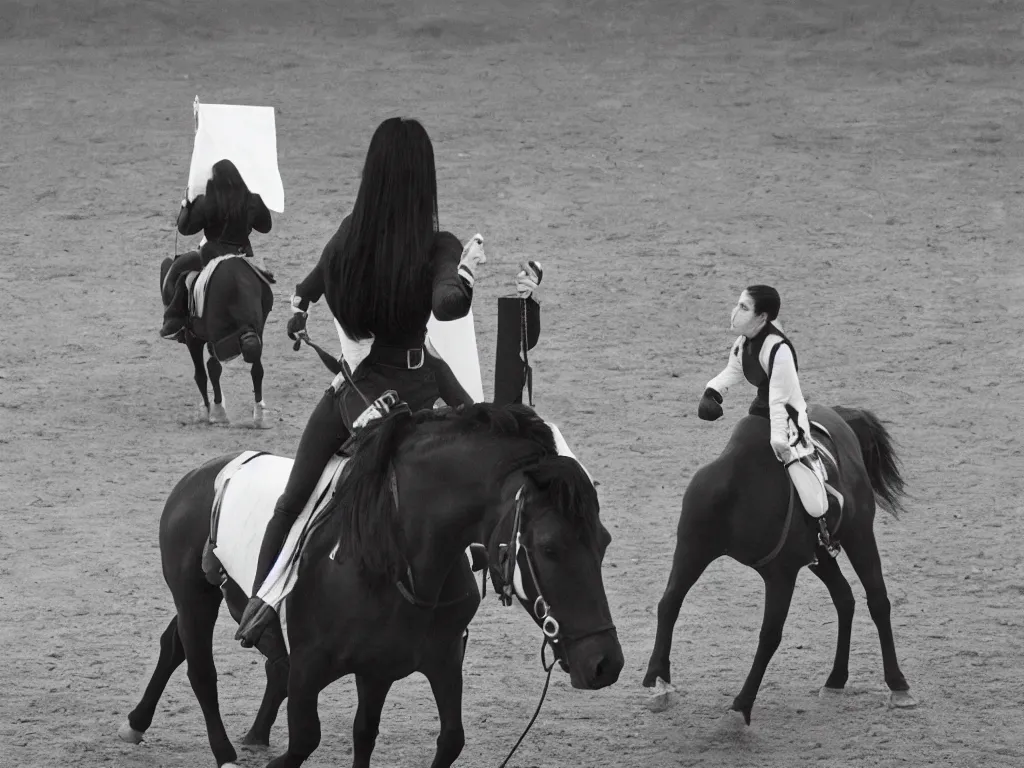 Prompt: 7 marina abramovich on horseback, holding a white flag, surrounded by t-1000's, in a dystopian landscape, HD 8K