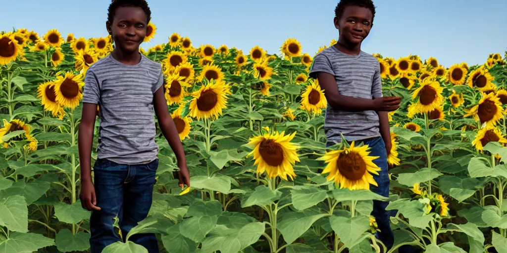 Prompt: a black boy with white t - shirt and green jeans and a green cap standing in a sunflower field with bees flying around him while sun is setting in the background, professional photography