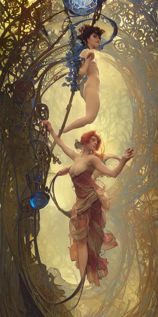 Prompt: Beautiful female wizard with blue rose velvet robes on a swing, wearing an intricate arcane makeup, searching for her soul, burning desire, epic cinematic, drama, action, digital art, art by Alphonse Mucha, Greg Rutkowski, Alex Ross, WLOP