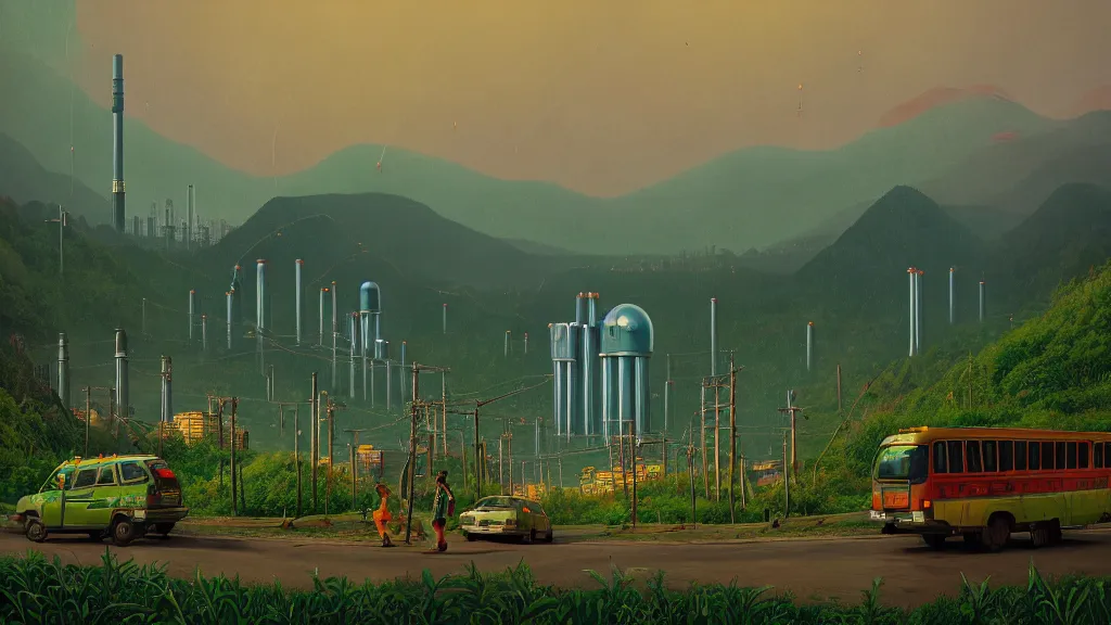 Image similar to Nuclear Nature Solarpunk harmony; the mountains and city of Quito are towered over by giant nuclear power plants covered with foliage; by Simon Stålenhag, oil on canvas; Art Direction by James Cameron; 4K, 8K; Ultra-Realistic Depth Shading