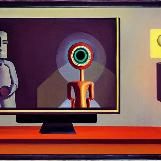 Image similar to a mesmerized robot with large glowing eyes staring at a computer screen, portrait, pj crook, grant wood, edward hopper, syd mead, chiaroscuro, oil on canvas