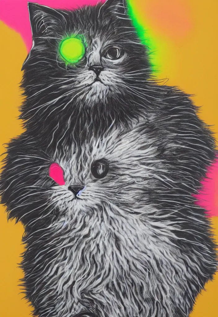 Image similar to fluffy cat with an afro comb t - shirt design, by jules julien, alex yanes, dark grisaille monochrome neon spraypaint, ironic surrealism, hypebeast