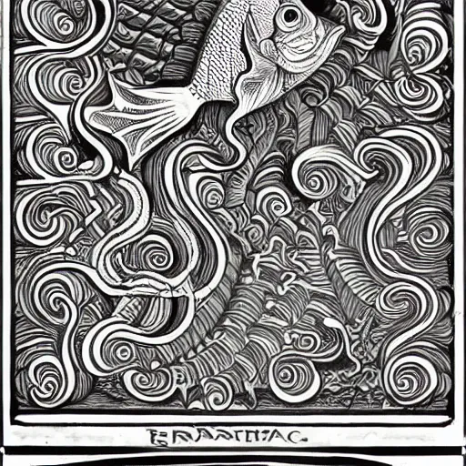 Image similar to an ornate illustration in the style of mandalic escher, depicting a fish from the side