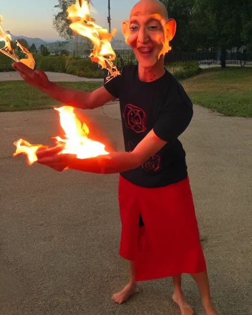 Image similar to [ squidward ] wearing fire nation clothing and practicing firebending outside at susnset