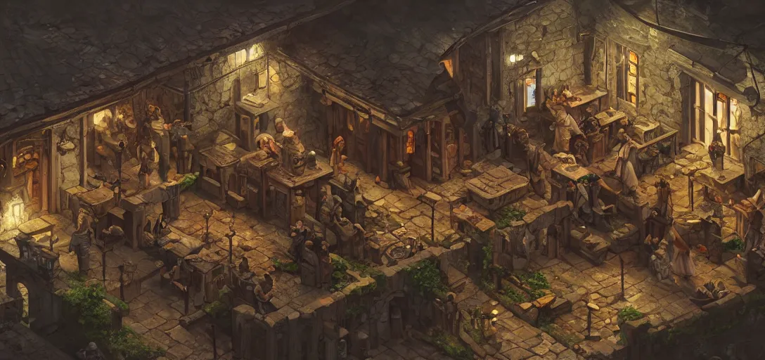 Image similar to game design, architecture, medieval tavern building, outside view, isometric view, game art, game dev, concept, extremely high detail, photo realistic, cinematic lighting, post processed, concept art, artstation, matte painting, style by eddie mendoza, raphael lacoste, alex ross