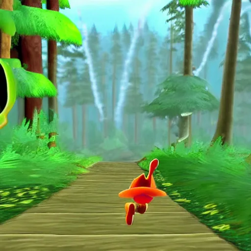 Image similar to banjo kazooie running towards a distant jiggy, dreamy landscape, forest of treetops